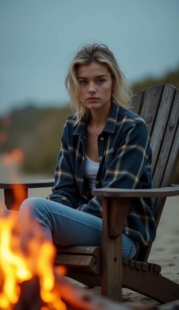 a candid snapshot of a beautiful 21-year-old female model with ash-blond windswept hair looking sullen, sitting in an adirondack chair by a bonfire on a beach in cape cod in the fall, wearing worn jeans and plaid shirt, unique angle, side view, long shot,