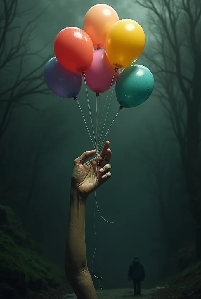 Make a bizarre hand holding balloons in the dark
