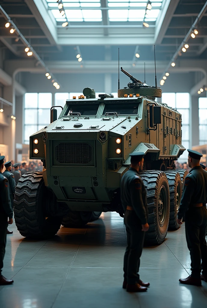 A fully improved tracked armored vehicle, perfect circumstances about its armored body and its detailed design, being shown at a military exhibition to other men, and the armored vehicle is really strong and rugged in terms of size, PICTURE REALISTIC. 