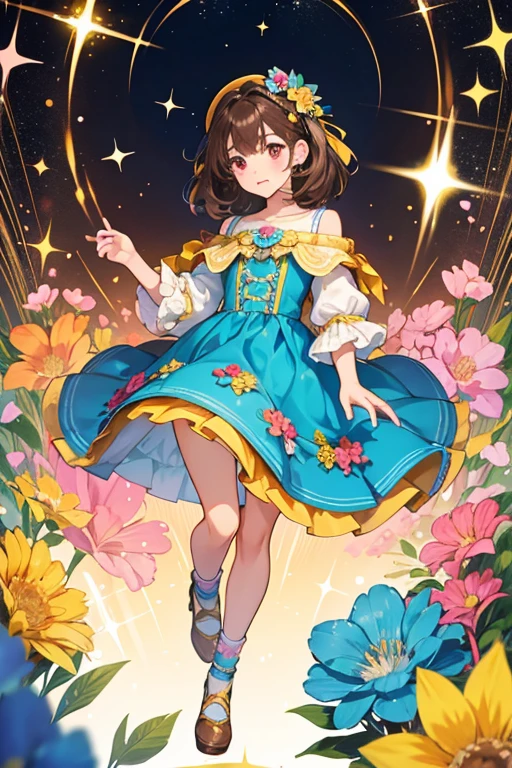 Sela is a light brown doll. She has dark brown hair with caramel highlights.
She wears a blue dress decorated with yellow and red flowers.
She wears pink shoes. SPARKLE; GLITTER