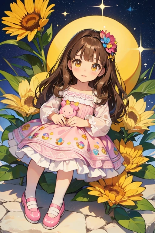 Sela is a light brown doll. She has dark brown hair with caramel highlights.
She wears a blue dress decorated with yellow and red flowers.
She wears pink shoes. SPARKLE; GLITTER