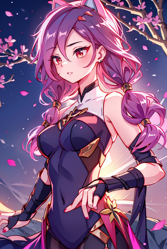  red eye, gute Qualität leuchtende goldene und red eye1 Mädchen , long pink hair, she wears , very long hair, bright pink hair.
Catgirl,uniform, outside, Cherry blossoms, falling petals, Evening Breasts, large breasts, Breast pockets, Decollete, , striped archtie, red archtie, offenes hemd, archtie, pleated skirt, open clothes, arch, Decollete, jewellery, ear rings, Hair clammer, Nail polish, red arch, 手链, pink ear rings, pink nails,