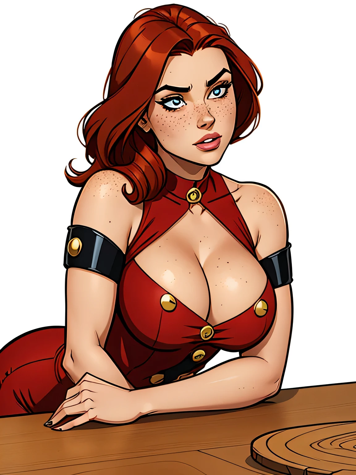 Thin woman, age 25, 4K (High definition), thoughtful, seducing gaze, eyes browns, wearing a red dress with a boat neck (with golden buttons) and short sleeves, arms positioned at the side of the body, Caucasian skin, shoulder-length red hair, upper body slightly leaning forward (hands resting on a table), full of curves with freckles on her chest and neck, round breasts. High-quality Marvel style, white background.