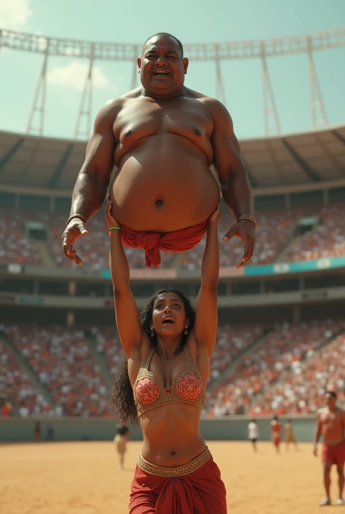 Beautiful Indian woman in black lifting a large chubby man high above her head with her strong arms. Photorealistic. Wide angle, stadium in the background, natural smile