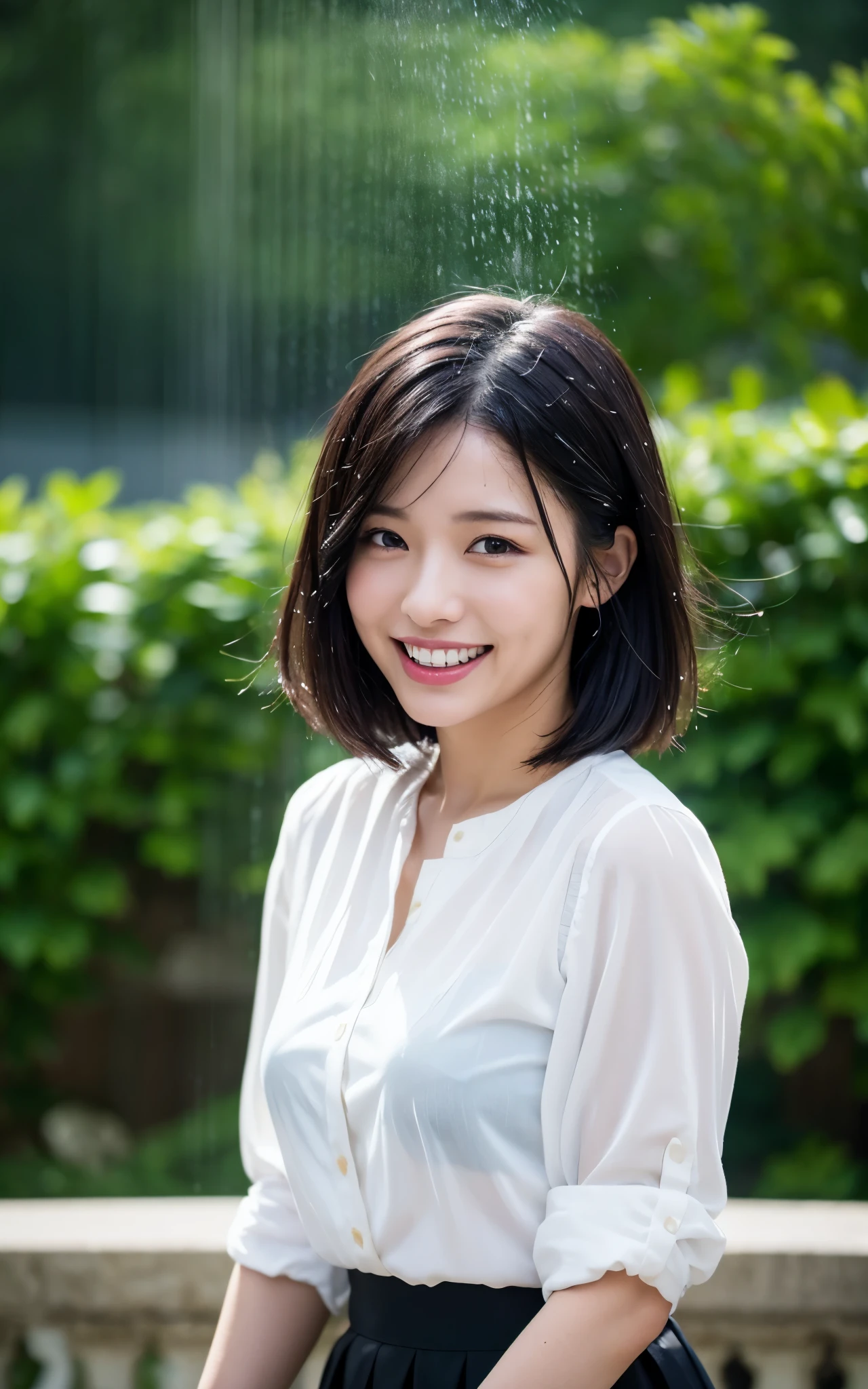 best quality, photorealistic, 8k, high res, 1girl, woman, (skindentation), (professional lighting), (portrait:0.6), (soaked White blouse, soaked Dark Skirt, ), gorgeous, (soaked short black hair:1), ((looking at viewer:1.5)), photorealistic, (bokeh), (dynamic pose:1.2), intense lighting to face area, lips, (teeth:1.3), smile, Dark Clouds, heavy rain, realistic rain effect