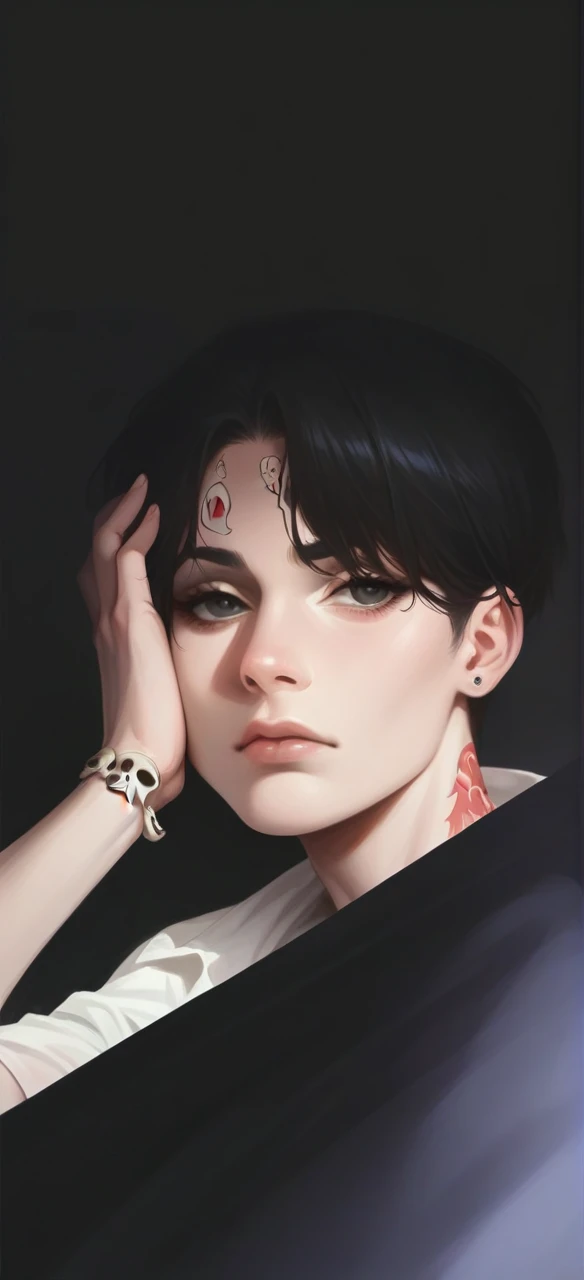 eyes black, skull tattoos on neck, unsmooth skin, 
