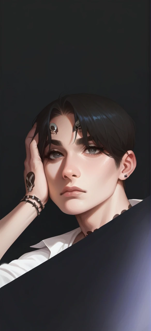 eyes black, skull tattoos on neck, unsmooth skin,