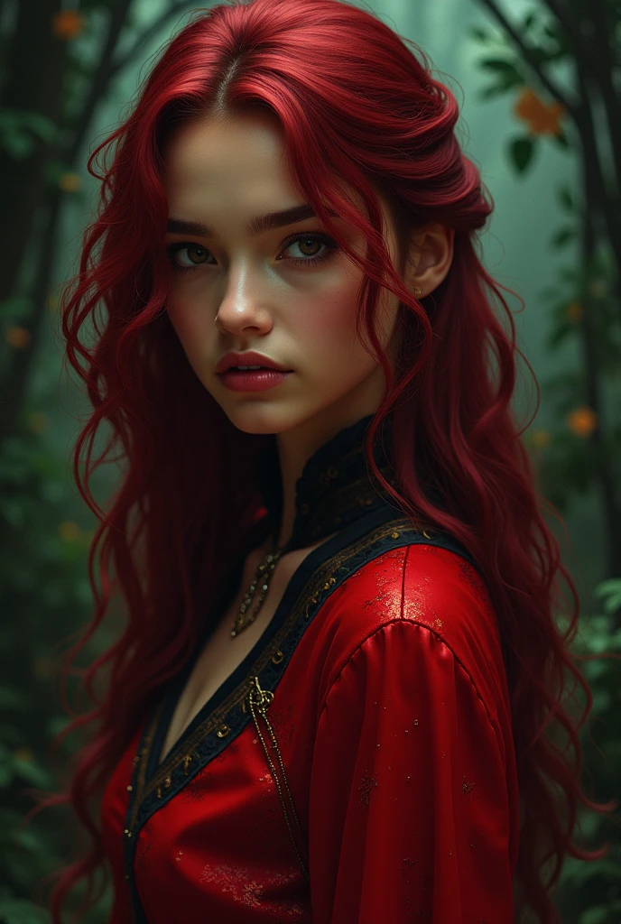 a girl from the waist up with dark skin with long wavy cherry-colored hair wearing a red outfit with black and gold details looking straight ahead with a dark enchanted forest background
