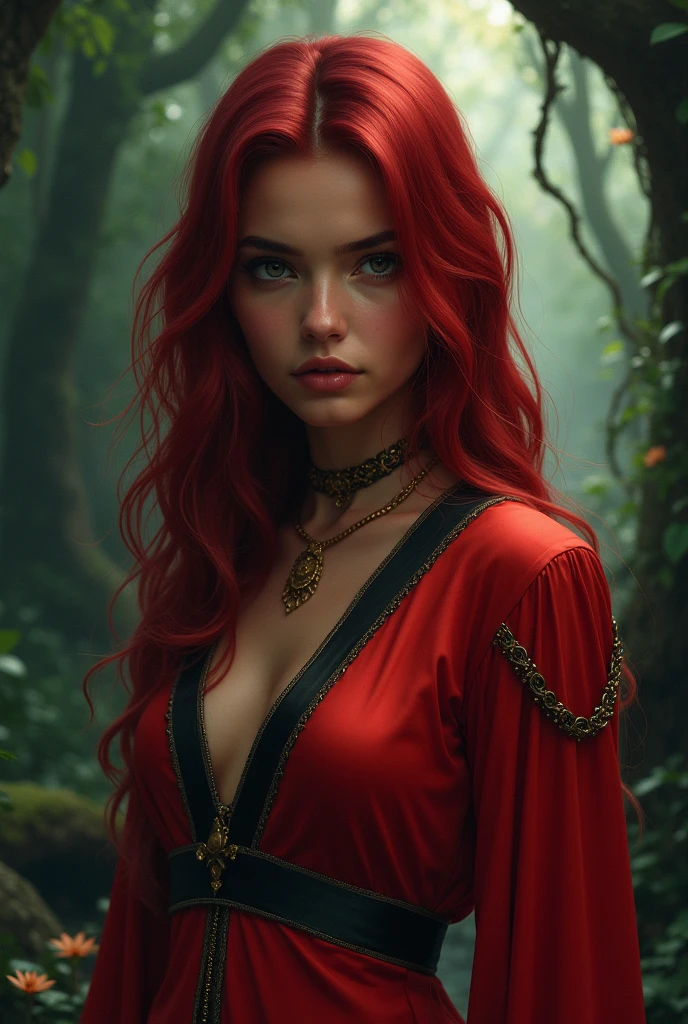 a girl from the waist up with dark skin with long wavy cherry-colored hair wearing a red outfit with black and gold details looking straight ahead with a dark enchanted forest background