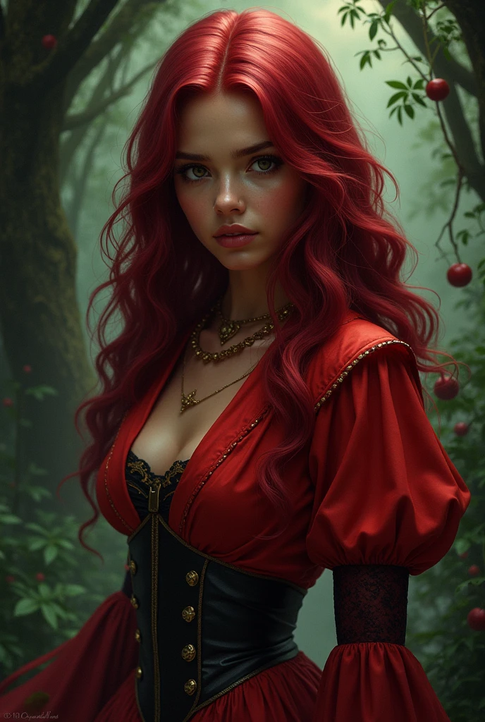 a girl from the waist up with dark skin with long wavy cherry-colored hair wearing a red outfit with black and gold details looking straight ahead with a dark enchanted forest background