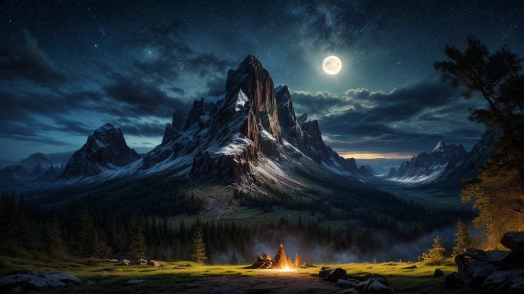 (Logo, Amazing, 8K, Tabletop, Raw Photo, Amazing, Top Quality, Photorealistic and Highly Detailed, CG, High Quality, Highly Detailed, Narrative Verse, Particle Effects, Dynamic Effects, Text Border the depth, cinematic lights, flares, raytracing, tabletop, realistic, ultra HD, fantasy), the wind, the beauty and brilliance of dramatic mountains and rich forests, the serenity and beauty of the world's grasslands and vast lands, Lakeside, wonderful scenery, beautiful natural scenery, night, starry sky, constellation, full moon, space, gorgeous, view, water, wonder, fantastic, meteor, magic, best illumination, best shadow