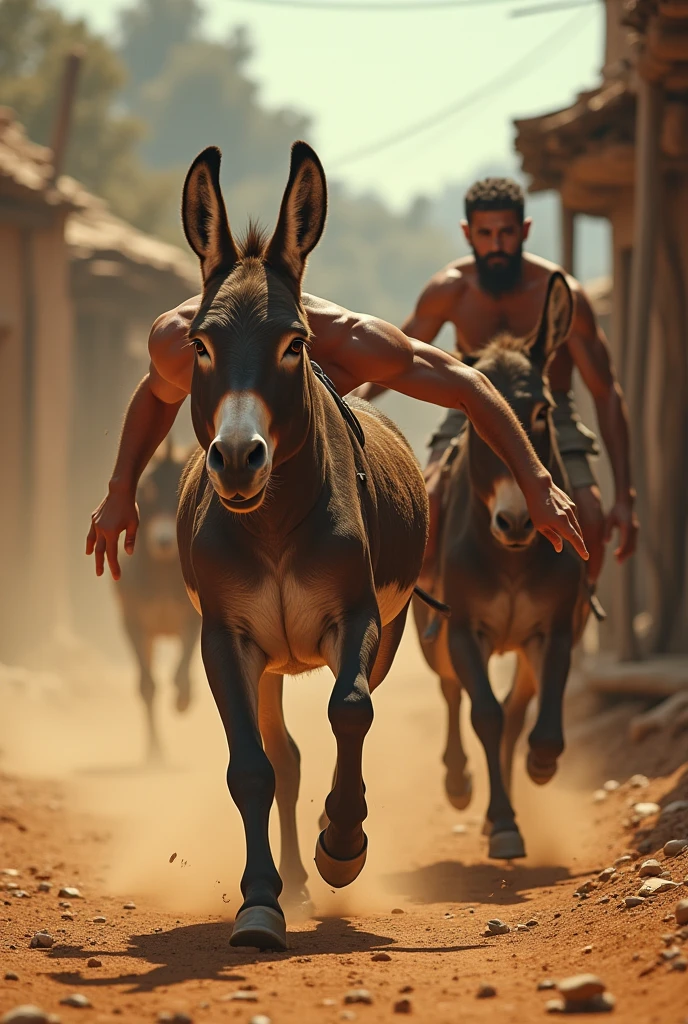 a man running race with a donkey, detailed facial features, photorealistic, highly detailed, 8k, dynamic composition, warm lighting, vibrant colors, atmospheric, cinematic, dynamic pose, sense of movement, dusty environment, rural setting, natural textures, old buildings, wooden cart, detailed background elements, depth of field, dramatic lighting, heroic, inspirational
