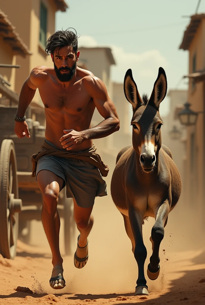 a man running race with a donkey, detailed facial features, photorealistic, highly detailed, 8k, dynamic composition, warm lighting, vibrant colors, atmospheric, cinematic, dynamic pose, sense of movement, dusty environment, rural setting, natural textures, old buildings, wooden cart, detailed background elements, depth of field, dramatic lighting, heroic, inspirational