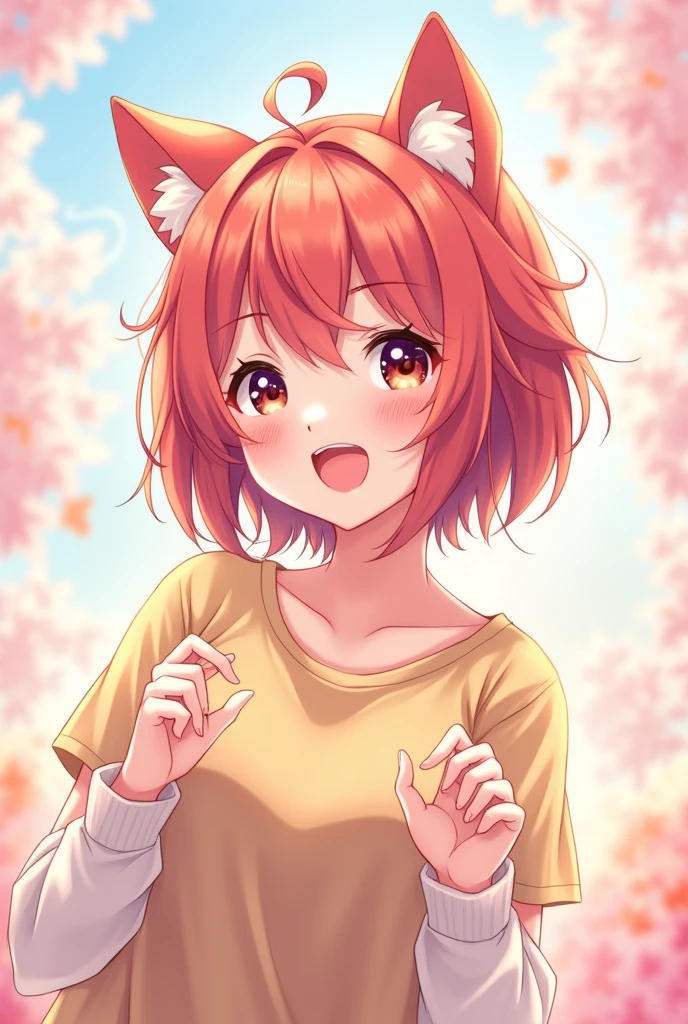 Create a 2d image of a cute anime girl smiling with pastel red hair all excited with cat ears