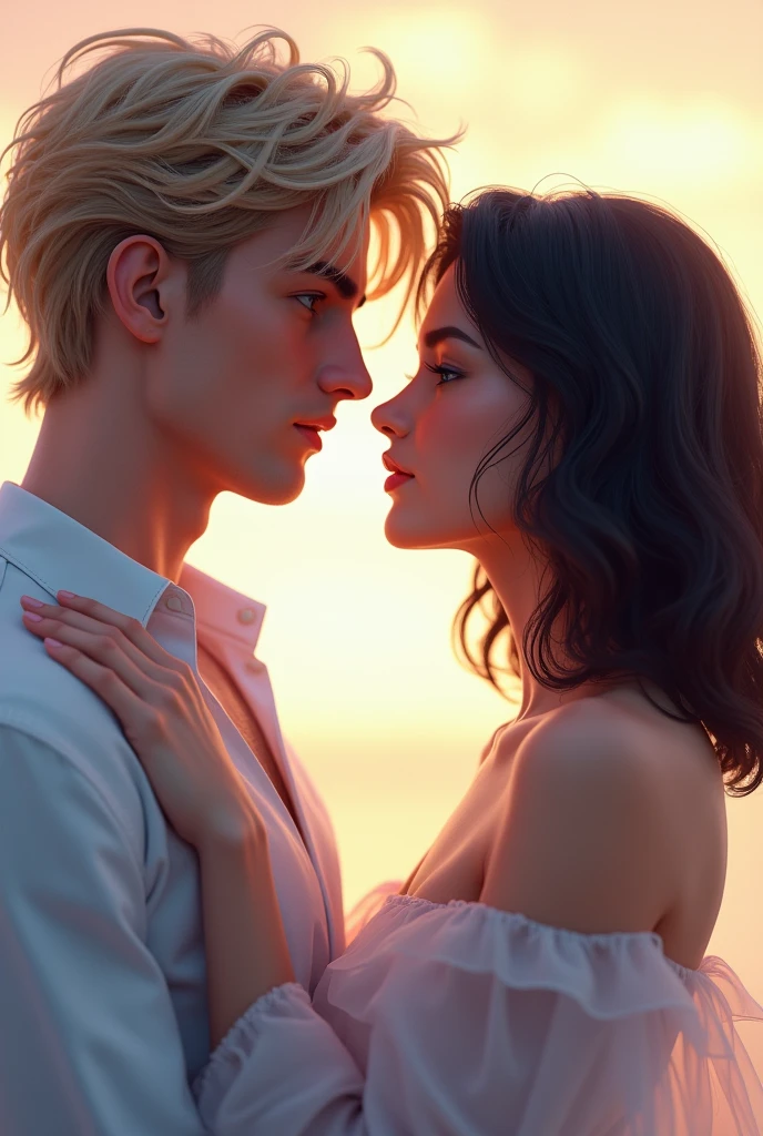 Imagine a cover in pastel tones, I want my protagonists to appear on the cover, looking at each other face to face, straight into the eyes.
A man with blond hair, disordered, tall blue eyes, marked jaw, prominent and masculine features. WITHOUT BEARD A woman with shoulder-length, semi-wavy black hair, dark brown eyes, with fine and elegant features.
BOTH IN ELEGANT CLOTHES In the photograph you can see sexual tension and love between them.