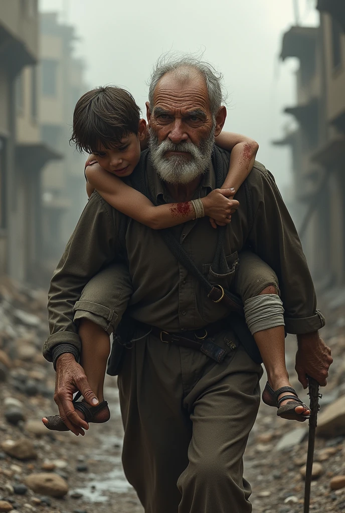 Can you create for me an image of an elderly man carrying his wounded young son on his back?