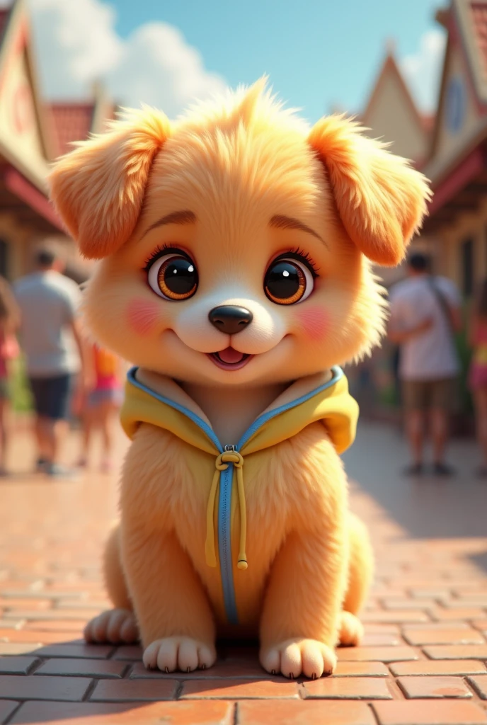 Fascinating, 美味しくふわふわな子犬の高品質3D Rendering, Exudes cuteness and charm. With a round and plump body、It is softly covered, Vibrant fur and gentle, Small teeth peek out from a slightly open mouth. (Wearing a hoodie)、Its big, Expressive round eyes sparkle, and、Those rosy cheeks are charming. Are standing, Place your hands gently at your sides, She exudes a charming and friendly aura.. Highlights vibrant colors and textures, Creating visually striking and conceptually unique work., photograph, Conceptual Art, 3D Rendering、（The background is a zoo、crowd、Daytime、sun）
