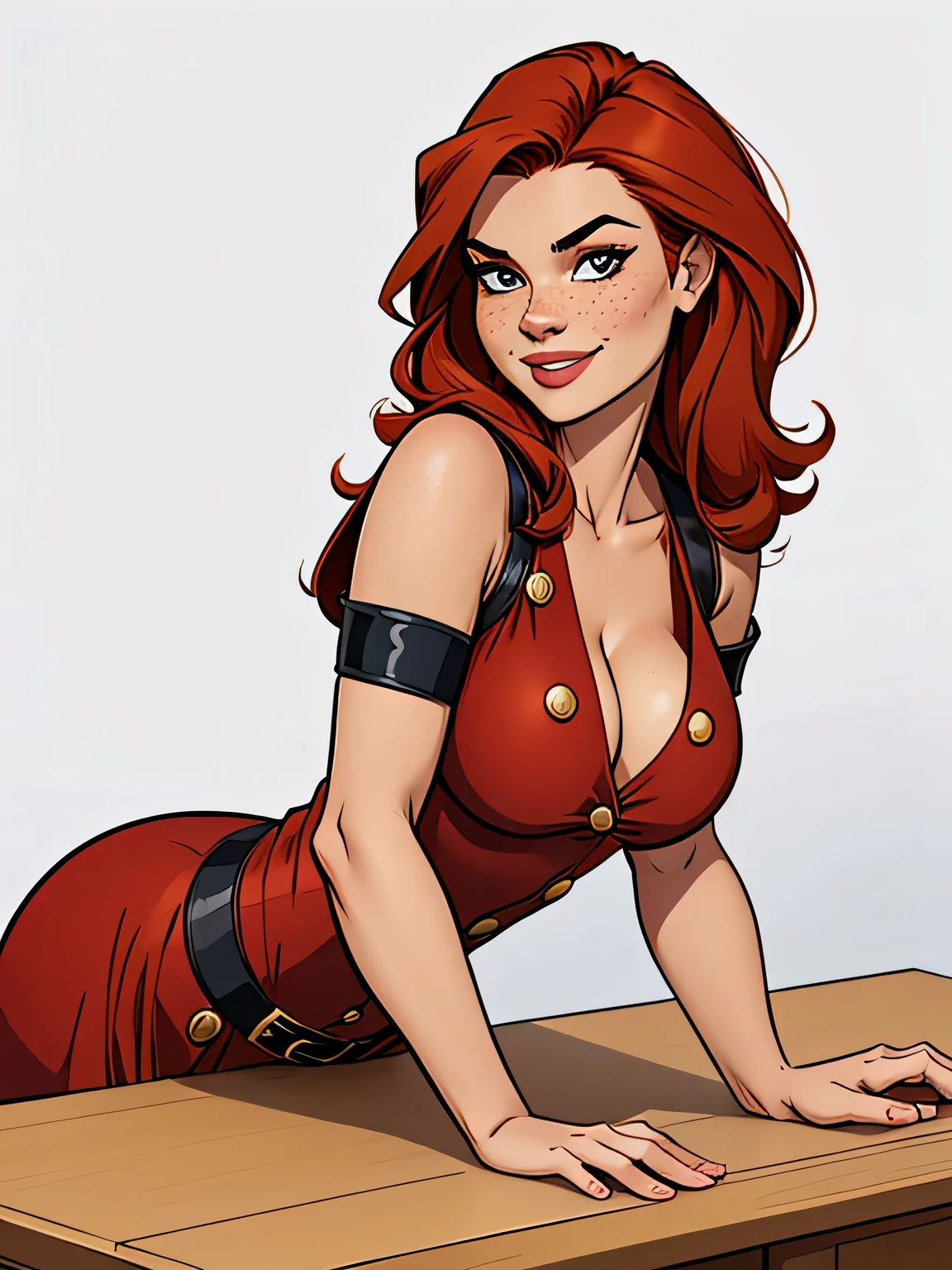 Thin woman, age 25, 4K (High definition), mysterious smile, seducing gaze, eyes browns, wearing a red dress with a boat neck (with golden buttons) and short sleeves, arms positioned at the side of the body, Caucasian skin, shoulder-length red hair, upper body slightly leaning forward (hands resting on a table), full of curves with freckles on her chest and neck, round breasts. High-quality Marvel style, white background.