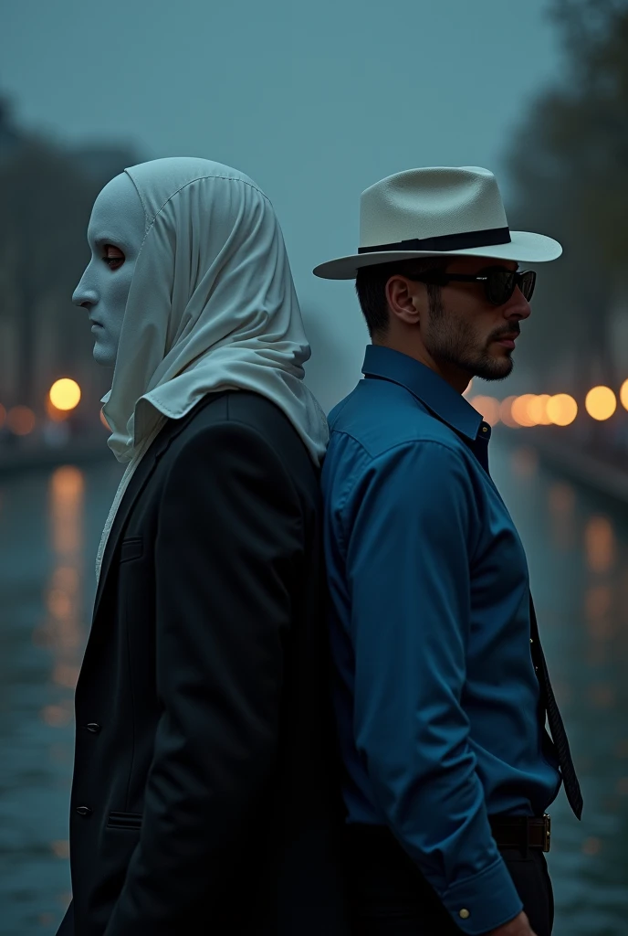 The background of the Seine and at night on the left there is a man who has on his head a white fabric falling towards the back of his head covering his entire face he has a black suit with a black tie a white shirt on the right of the image a masculine man back to back to the first character we have a character with a white bob hat sunglasses placed on his white hood camouflaging his face a blue shirt he has