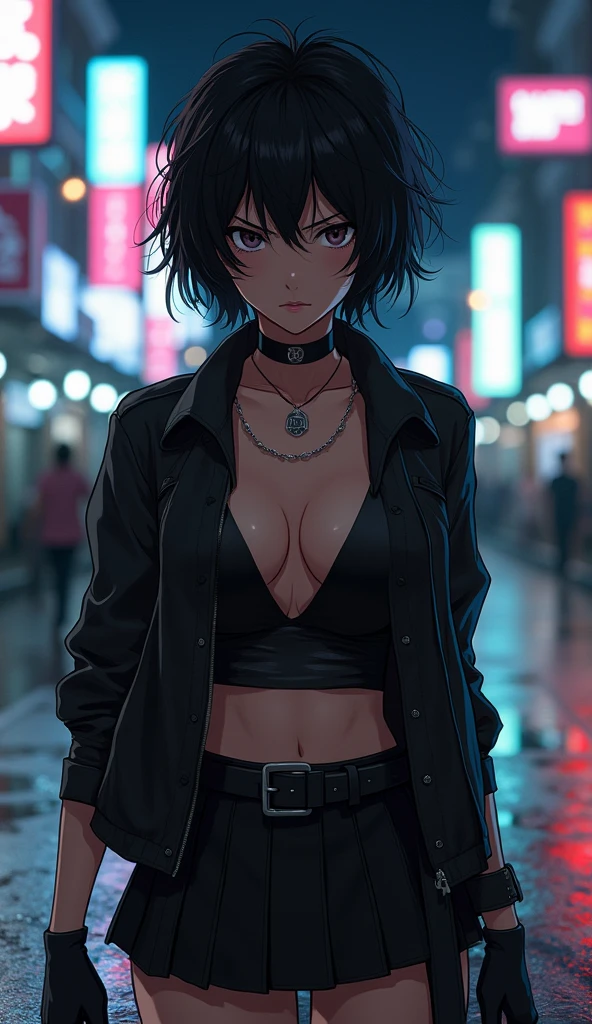 Create a live-action depiction of a female version of Yuusuke Urameshi. She has short, messy black hair and fierce, determined eyes. Her outfit is a modernized, revealing version of her school uniform, featuring a tight-fitting, deep V-neck shirt that accentuates her large chest, paired with a cropped jacket and high-waisted skirt. She has a confident and rebellious expression, with a feminine version of her spirit gun pose.
	•	Background: A realistic, urban street scene at night in a gritty city, with neon lights reflecting off the wet pavement.