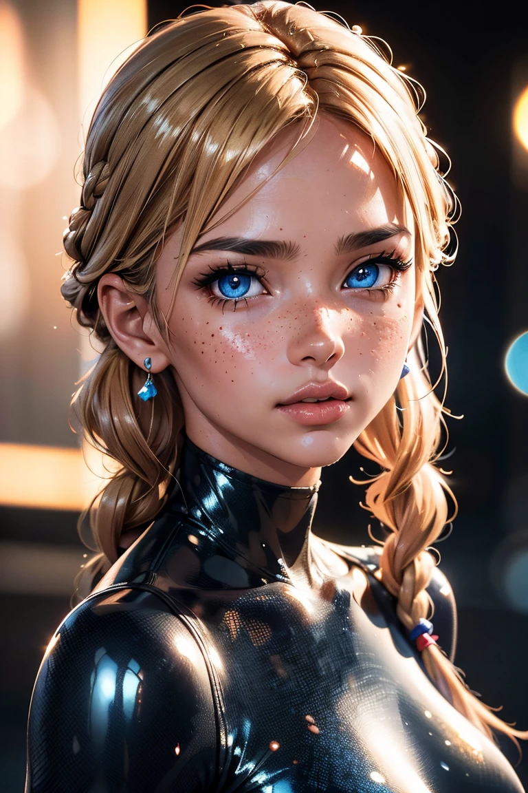 (UHD, retina, masterpiece, award-winning, accurate, anatomically correct, textured skin, super detail, high details, high quality, best quality, high res, 1080P, HD, 4K, 8k, 16k, 32k), hyper realistic, (bright studio lighting), (beautiful detailed blue eyes, beautiful detailed lips, extremely detailed eyes and face), sexy pouty lips, (physically-based rendering), vivid colors, (large breasts), ((sexy bodycon club dress)), hourglass body shape, (slim waist), wide hips, arousing curves, (medium closeup shot, portrait, shiny strawberry-blonde French braid, side wept bangs, shiny skin, blush), (bokeh), eye reflection, blurred background, ultra detailed skin texture, extreme details, dark tanned skin, freckles, soft lights, sexy pose, provocative posture, (perfecteyes)