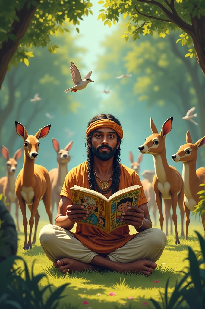 creates image of animals walking away with an Indian looking at comic books