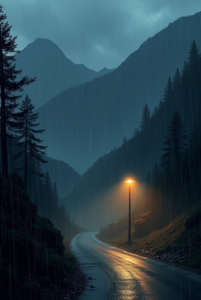 Heavy rain outside in the mountain with one Street light. showing.