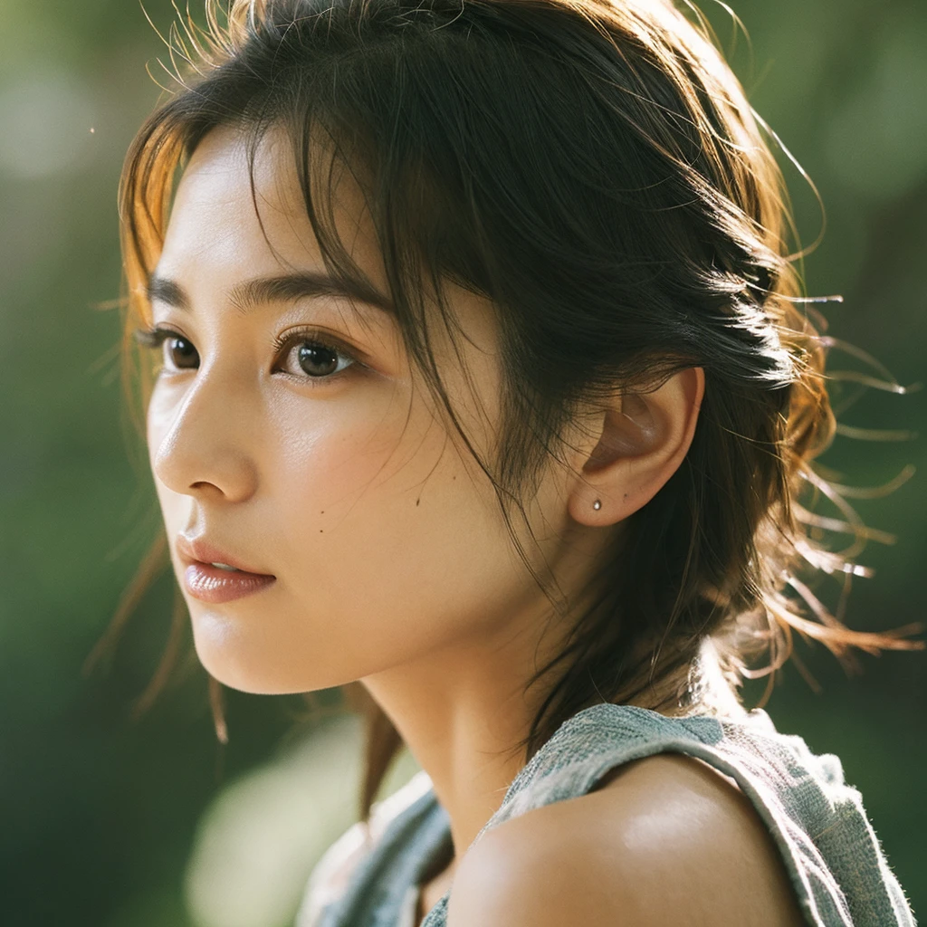 A hyper-realistic image of a single Japanese woman in her early 20s, captured with the nostalgic warmth and subtle graininess of a film camera. Her skin has a warm beige tone with a natural, slightly rough texture that includes visible pores, fine lines, and subtle imperfections such as small blemishes, adding to the authenticity of her appearance. The soft, diffused natural light enhances the film-like quality, casting gentle shadows that create a timeless, organic feel. Her straight, glossy black hair frames her face in a natural, slightly tousled manner, and her deep brown eyes reflect the ambient light, adding depth and emotion. The film camera effect introduces a slight grain and a softer focus, giving the image a warm, nostalgic atmosphere while maintaining the realistic texture of her skin. She is dressed simply, in a way that complements her natural beauty, with the overall composition designed to evoke a sense of genuine, understated elegance. The use of natural light, combined with the deliberately rougher texture of her skin and the film-like qualities, ensures that this image captures the imperfections that make her beauty truly lifelike, focusing solely on this one individual.