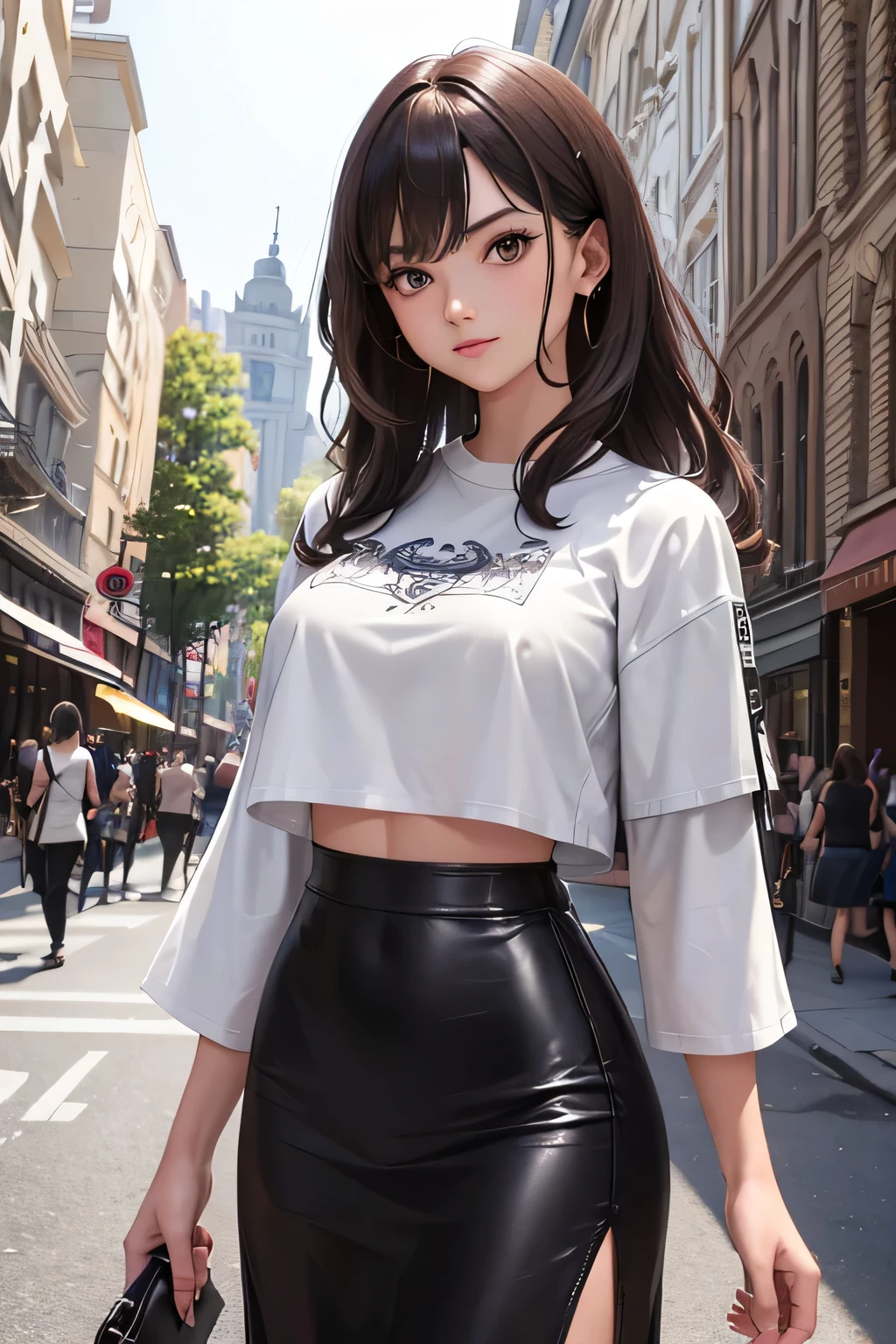 masterpiece, top quality, super detailed, high resolution, (ink painting style), excellent ???????, beautiful 1 woman, wavy hair, light brown hair, ((white cropped t-shirt and leather jacket)), (black midi pencil skirt), midriff, boots, looking at viewer, light smile, (spring garden, city street, sidewalk, street lamp, park, trees), ((cowboy shot:1.2)), best light, best shadow, mysterious, perfect face, highly detailed,