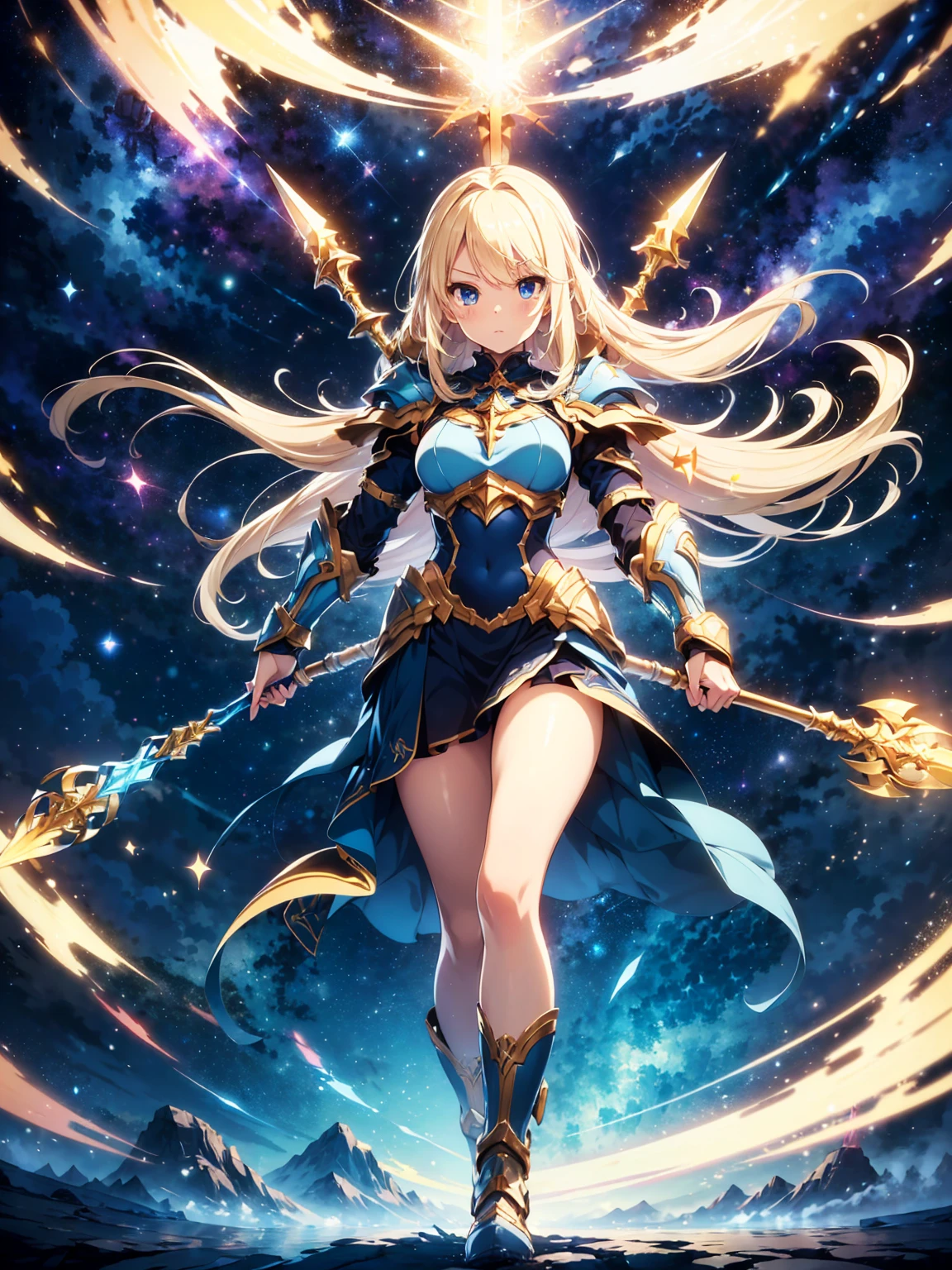 (((Masterpiece, best quality, 16k))) female character with long blonde hair and bright blue eyes. She wears a celestial armor in white, gold, and blue. wields a divine spear. The character has a determined expression, with a heavenly realm as the background. ((full body front view)). ((slender)), (extremely detailed:1.5), (long blonde hair:1.2), (bright blue eyes:1.2), (heavenly realm:1.1), (celestial armor:1.3), (divine spear:1.3).