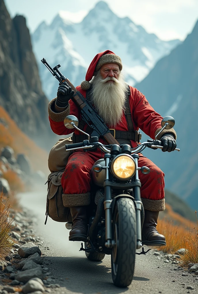 Create a Santa Claus with an AK in his hand and a mountain pass and a motorcycle and a bag of money