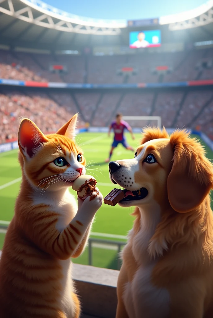 Generates a cat eating ice cream with a dog eating chocolate in a football stadium watching Messi