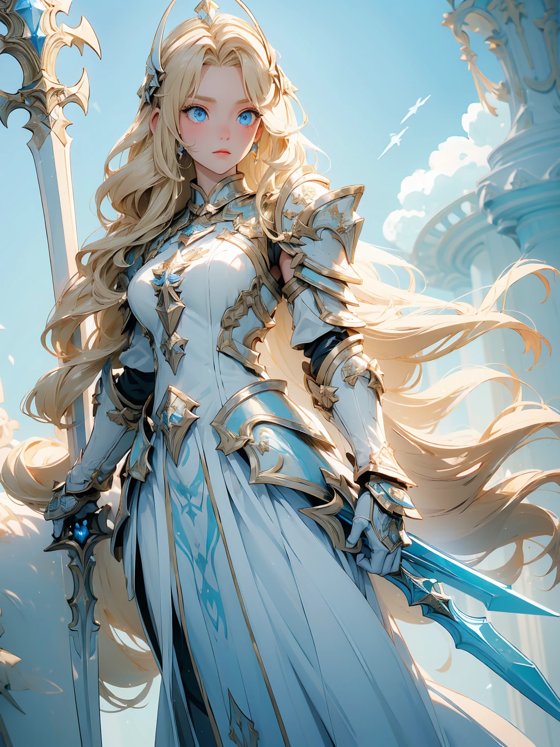 (((Masterpiece, best quality, 16k))) female character with long blonde hair and bright blue eyes. She wears a celestial armor in white, gold, and blue. wields a divine spear. The character has a determined expression, with a heavenly realm as the background. ((full body front view)). ((slender)), (extremely detailed:1.5), (long blonde hair:1.2), (bright blue eyes:1.2), (heavenly realm:1.1), (celestial armor:1.3), (divine spear:1.3).