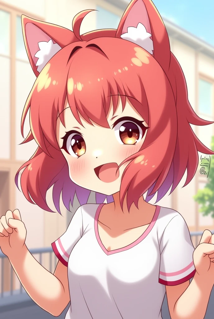 Create a 2d image of a cute anime girl smiling with pastel red hair all excited with cat ears