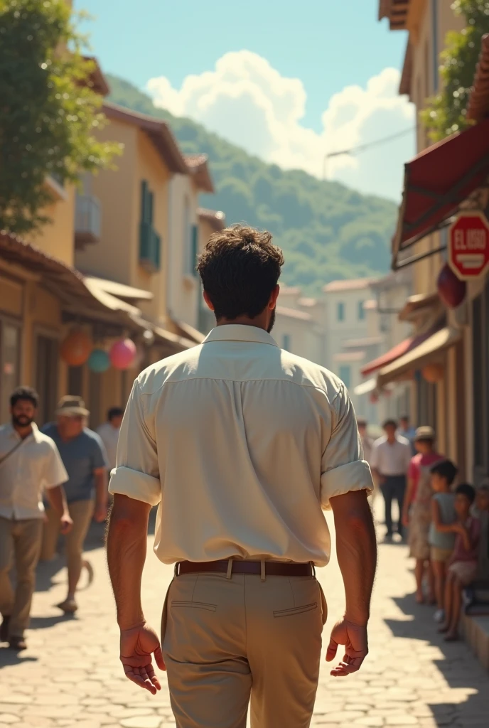 black haired man walking BACK VIEW through a town during the day confused with white linen shirt dress and beige pants 