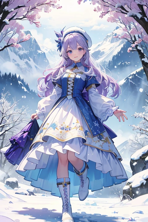 Bevy is a white doll who has white curly hair with purple highlights.
Her top depicts an embroidery design with yellow flowers. Her skirt has mountains with trees and snowflakes.
She wears a blue snow hat and translucent blue boots. SPARKLE; GLITTER