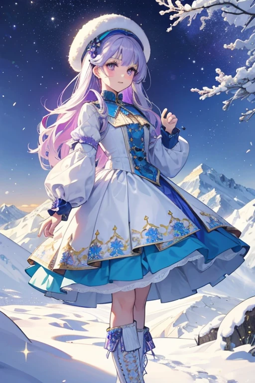  Bevy is a white doll who has white curly hair with purple highlights.
Her top depicts an embroidery design with yellow flowers. Her skirt has mountains with trees and snowflakes.
She wears a blue snow hat and translucent blue boots. SPARKLE; GLITTER