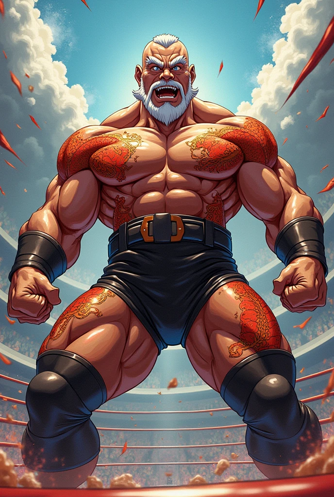 Draw a middle-aged Son Okong in a glossy tight wrestling suit in the style of a Dragon Ball cartoon