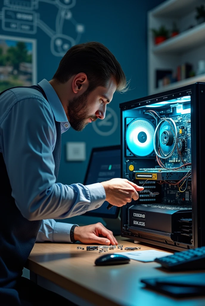 A professional image capturing the computer repair process in a modern, well-organized environment. Spotlight, An experienced technician works meticulously on repairing a desktop computer, using precision tools such as screwdrivers and tweezers to adjust internal components. The computer is open, showing its interior with sharp details of the motherboard, cables and other electronic components.
The work environment is clean and organized, with a well-lit table that reflects professionalism and attention to detail. In the background, Other equipment and tools can be seen organized, along with a wall decorated with subtle technology graphics that complement the scene without distracting the viewer's attention..
The lighting is soft but focused, highlighting key aspects of repair, like the technician's hands and the computer components. The image conveys confidence, skill and professionalism, creating an impression of quality and reliability in computer repair services. by Pc Corzo Solutions
