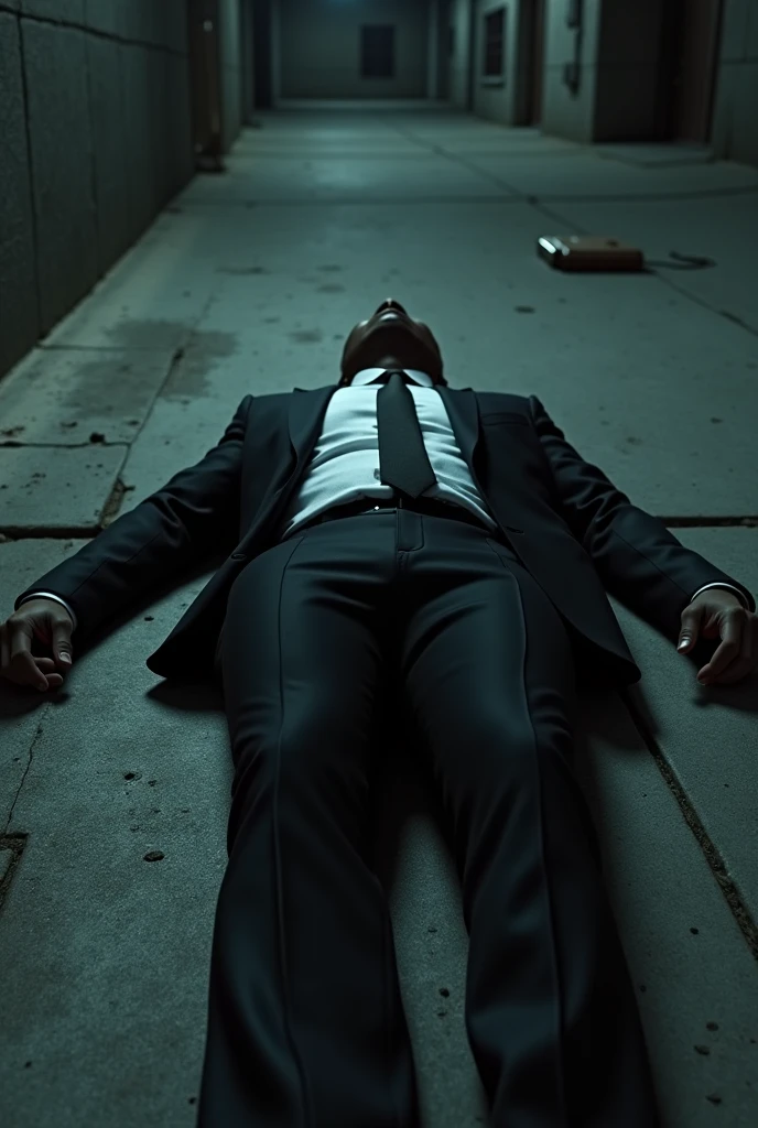 Make a black man in a suit shot dead lying down

