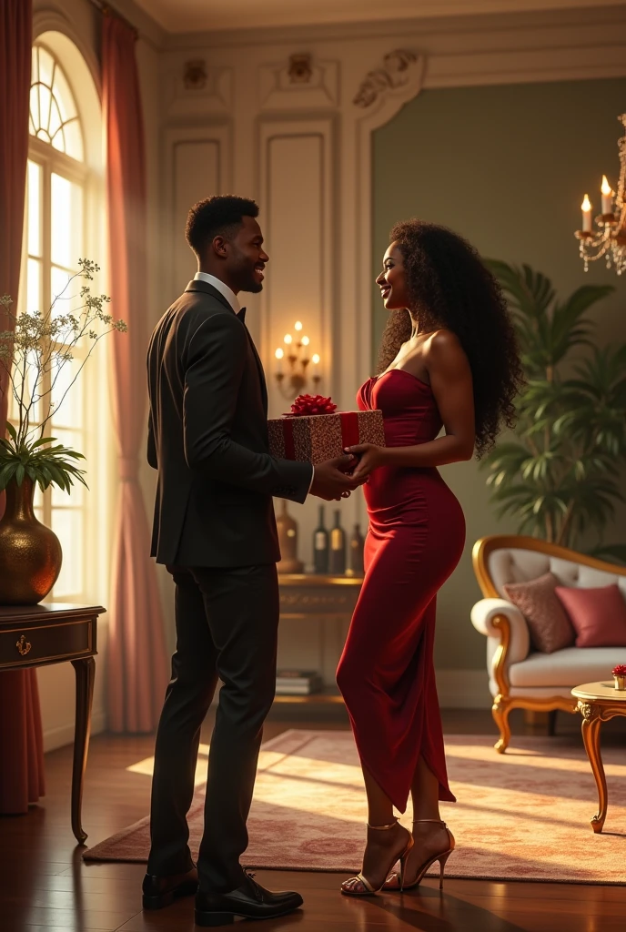 Generate an image where a black young man is holding gifts in a bag joyfully heading towards a very beautiful black woman with curvy body at a luxury big living room with nice interior