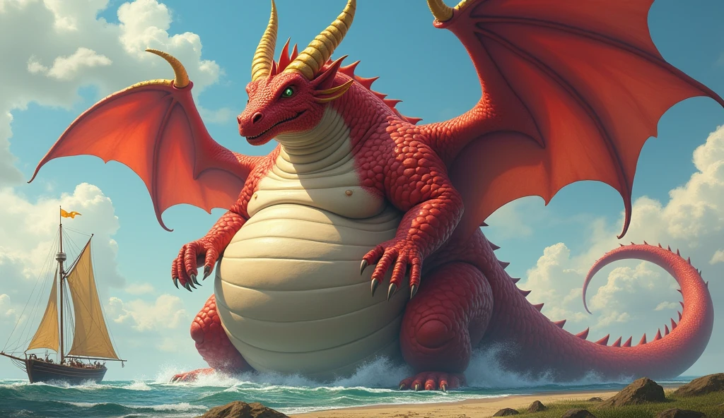 He is a red dragon, Cool, It has golden horns, Wings with hands, The world's most super tall and extremely obese dragon, So that the boat touches the ground, Its size is larger than a planet., It has wings and uses various magic. It is fatter and its facial features are so thick that it is bigger than its face, and its belly is swollen like a balloon that is about to burst. The dragon uses various magics and its belly is swollen several times more than its size, making it distracting.!!! His belly is bigger than his body. His belly touches the ground. His body is long. He is 10 heads tall. He is alone.