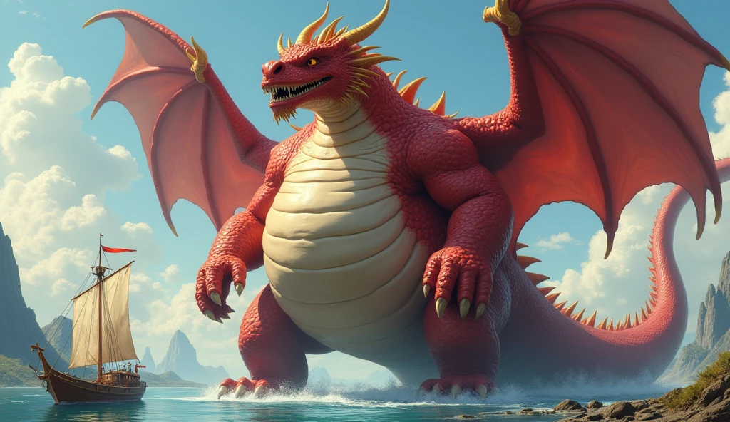 He is a red dragon, Cool, It has golden horns, Wings with hands, The world's most super tall and extremely obese dragon, So that the boat touches the ground, Its size is larger than a planet., It has wings and uses various magic. It is fatter and its facial features are so thick that it is bigger than its face, and its belly is swollen like a balloon that is about to burst. The dragon uses various magics and its belly is swollen several times more than its size, making it distracting.!!! His belly is bigger than his body. His belly touches the ground. His body is long. He is 10 heads tall. He is alone.