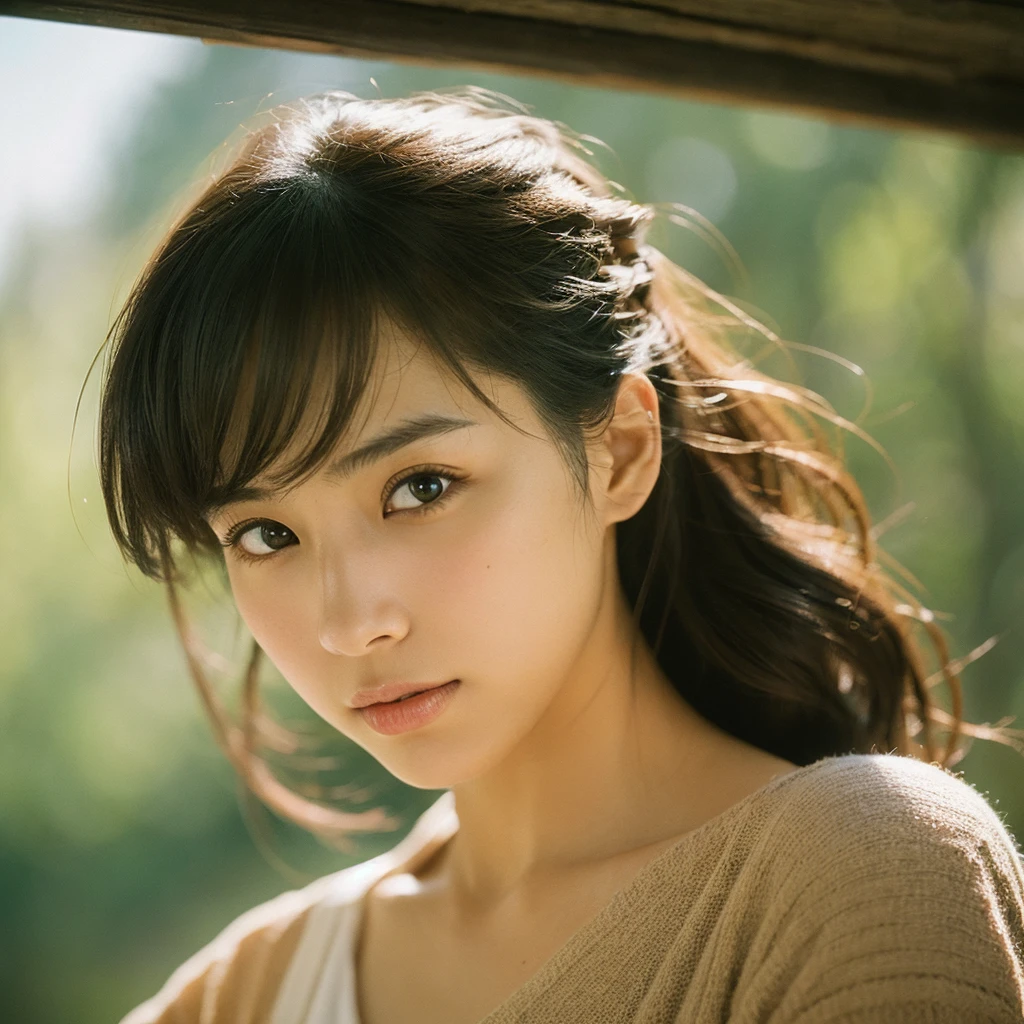 A hyper-realistic image of a single Japanese woman in her early 20s, captured with the nostalgic warmth and subtle graininess of a film camera. Her skin has a warm beige tone with a natural, slightly rough texture that includes visible pores, fine lines, and subtle imperfections such as small blemishes, adding to the authenticity of her appearance. The soft, diffused natural light enhances the film-like quality, casting gentle shadows that create a timeless, organic feel. Her straight, glossy black hair frames her face in a natural, slightly tousled manner, and her deep brown eyes reflect the ambient light, adding depth and emotion. The film camera effect introduces a slight grain and a softer focus, giving the image a warm, nostalgic atmosphere while maintaining the realistic texture of her skin. She is dressed simply, in a way that complements her natural beauty, with the overall composition designed to evoke a sense of genuine, understated elegance. The use of natural light, combined with the deliberately rougher texture of her skin and the film-like qualities, ensures that this image captures the imperfections that make her beauty truly lifelike, focusing solely on this one individual.