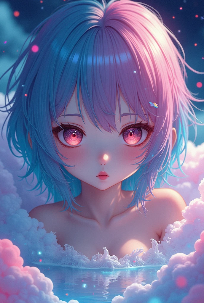 (Japanese girl:1.3), beautiful detailed eyes, beautiful detailed lips, extremely detailed eyes and face, long eyelashes, upper body, from side, looking at viewer, (fractal art:1.3), (rainbow color hair, colorful hair, half blue and half pink hair:1.2), water, liquid, cloud, colorful, starry, stars, (best quality, 4k, 8k, highres, masterpiece:1.2), ultra-detailed, (realistic, photorealistic, photo-realistic:1.37), vibrant colors, studio lighting, extremely detailed description, professional, concept art