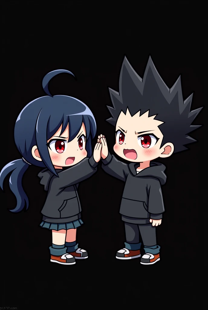 A boy ((( Anime boy , Spiky hair , black hair , black hoodie , blood red eyes , narrowed eye
 ))) , A girl ((( Anime girl , dark blue hair , modern day mullet hair style , black hoodie , red eyes , almond eye
 ))) , black background , chibi , highfive