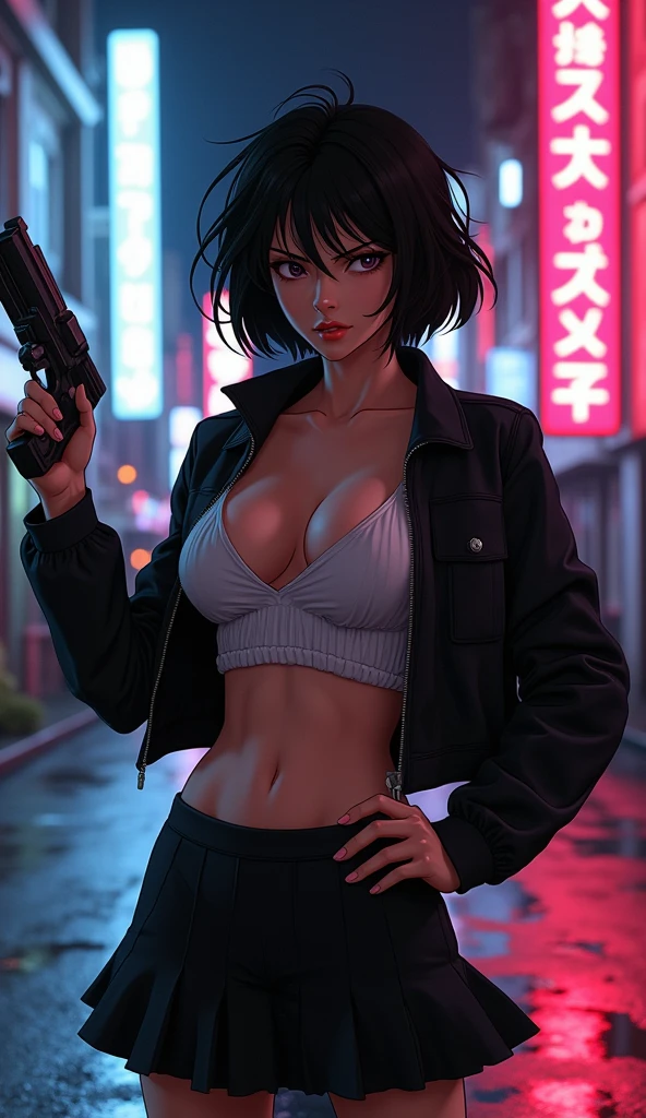 Create a live-action depiction of a female version of Yuusuke Urameshi. She has short, messy black hair and fierce, determined eyes. Her outfit is a modernized, revealing version of her school uniform, featuring a tight-fitting, deep V-neck shirt that accentuates her large chest, paired with a cropped jacket and high-waisted skirt. She has a confident and rebellious expression, with a feminine version of her spirit gun pose.
• Background: A realistic, urban street scene at night in a gritty city, with neon lights reflecting off the wet pavement.