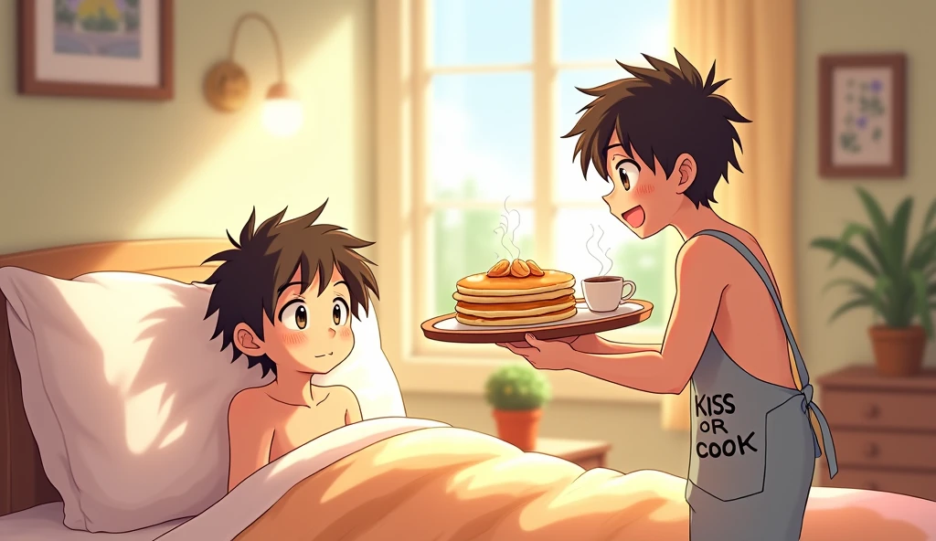 A cute image of two male teenagers one of them is in bed waking up while the other is coming in with a tray with breakfast which are pancakes and coffee and he is only wearing an apron that says kiss or cook the image has to be in anime