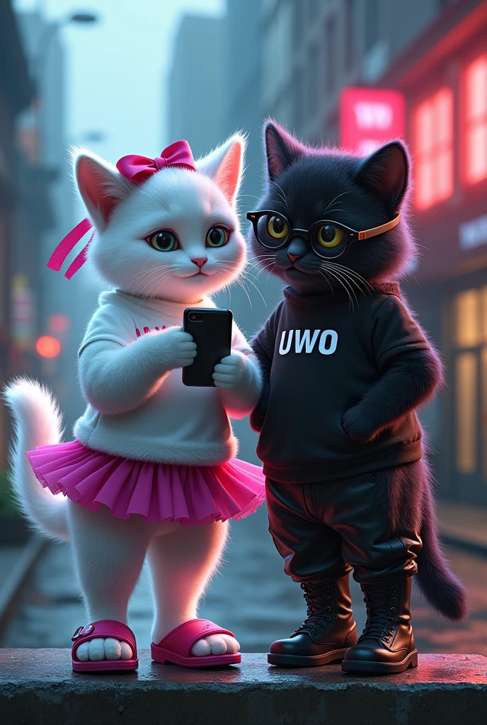 anthropomorphic white female cat with soft and fluffy fur and ribbon on her head, write 'uWu' on her white shirt and magenta tutu skirt and magenta croc sandal. And anthropomorphic black and white male cat with soft and fluffy fur & rocker style black glasses, write 'oWo' on his black shirt and leather pants and boots. They are standing side by side on the concrete wall in cyberpunk city looking at their smartphone, cinematic color grading, dramatic lighting. full body shot.