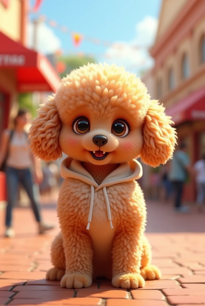Fascinating, 美味しくふわふわな子犬トイプードルの高品質3D Rendering, Exudes cuteness and charm. With a round and plump body、It is softly covered, Vibrant fur and gentle, Small teeth peek out from a slightly open mouth. (Wearing a hoodie)、Its big, Expressive round eyes sparkle, and、Those rosy cheeks are charming. (Upright), Place your hands gently at your sides, She exudes a charming and friendly aura.. Highlights vibrant colors and textures, Creating visually striking and conceptually unique work., photograph, Conceptual Art, 3D Rendering、(The background is a zoo、crowd、Daytime、sun)